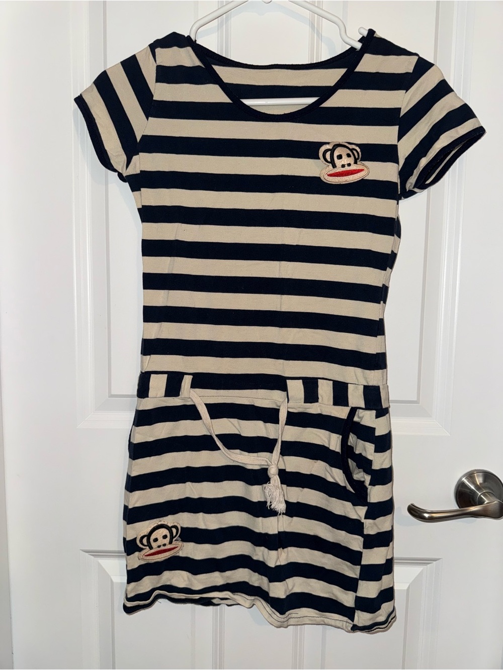 Navy and Cream Striped Knit Dress with Monkey Patch